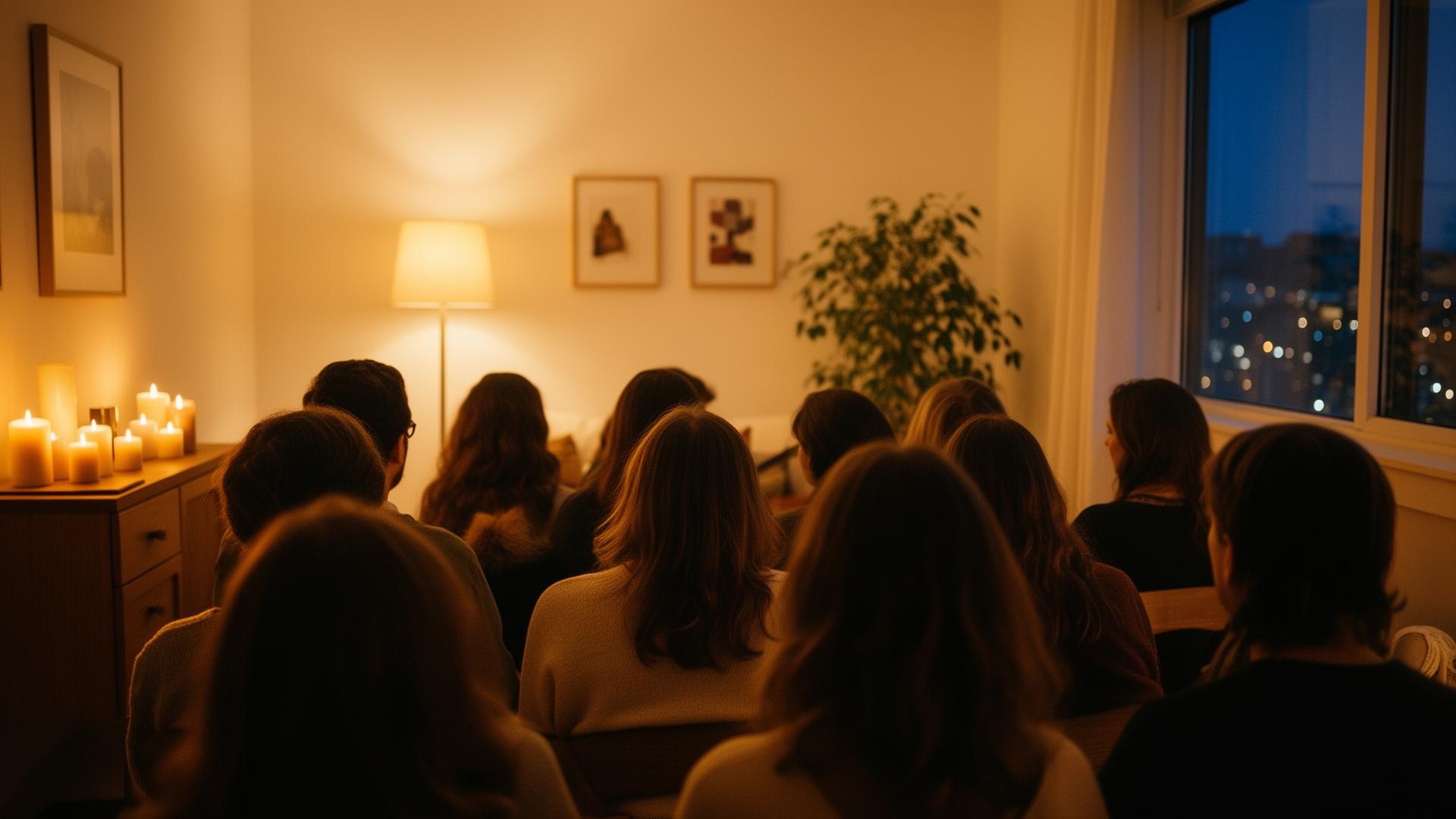 Primož Križaj na intimnem akustičnem koncertu v domačem ambientu, obkrožen z občinstvom ob sveči
